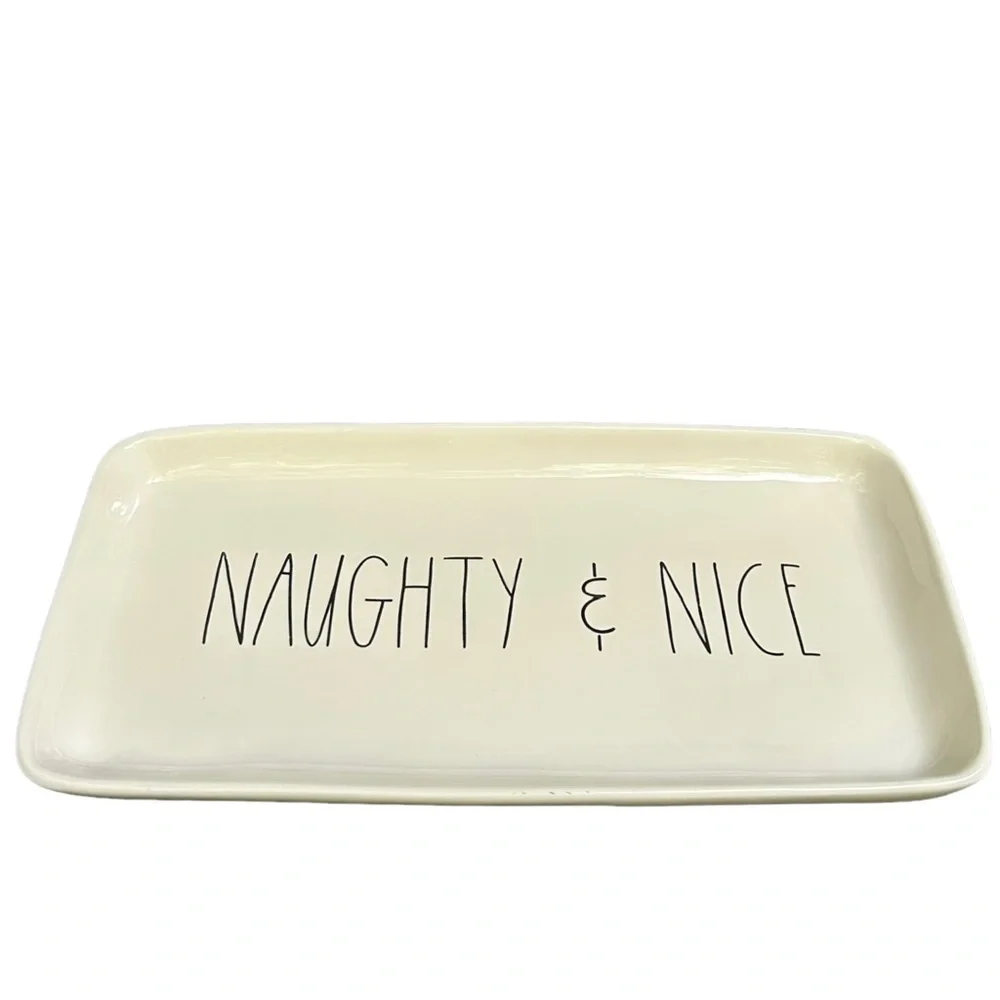 Rae Dunn NAUGHTY & NICE Platter Christmas White Black Long Letters NWT 2017 OG